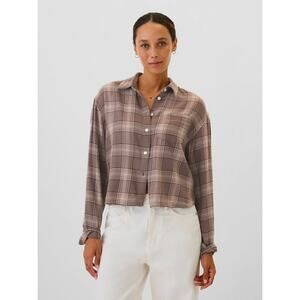 GAP Brown Plaid Cropped Flannel Button Down Shirt XXL Soft Casual Fall